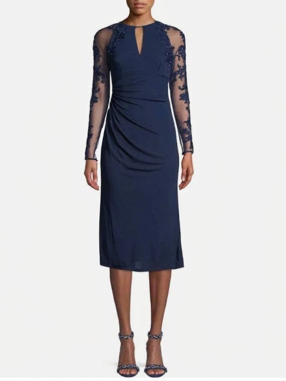 DAVID MEISTER Navy Sheath Cocktail Dress Stunning Lace Sequin Long Sleeve